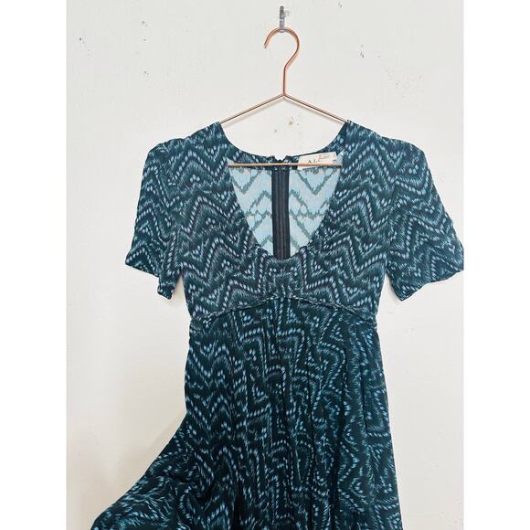 A.L.C. Blue Black Printed 100% Silk Scoop Neck Tiered Skirt Kylia Dress size 0 - Picture 8 of 16